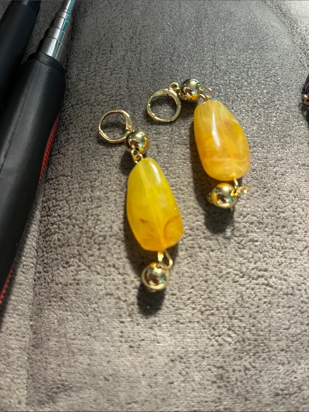 Yellow Resin Drop Dangle Earrings with Gold Accents 1717